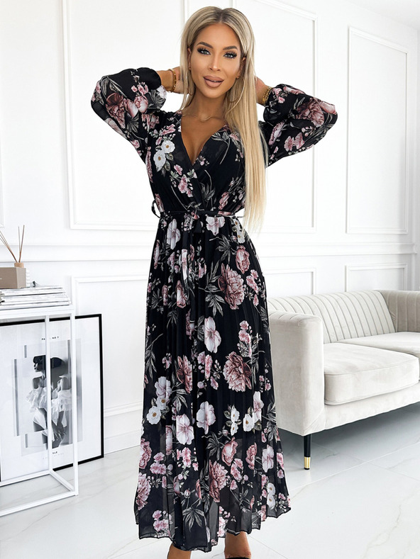 numoco Плисирана миди рокля с деколте, дълги ръкави и връзка на талията - черна с розови цветя Numoco