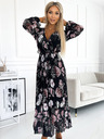 numoco Плисирана миди рокля с деколте, дълги ръкави и връзка на талията - черна с розови цветя Numoco
