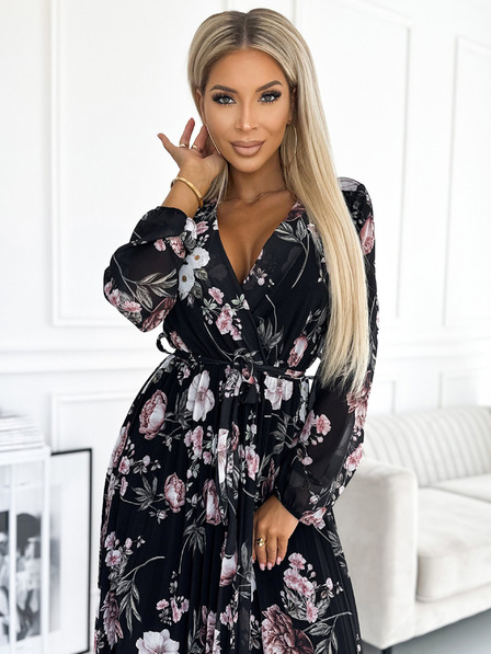 numoco Плисирана миди рокля с деколте, дълги ръкави и връзка на талията - черна с розови цветя Numoco