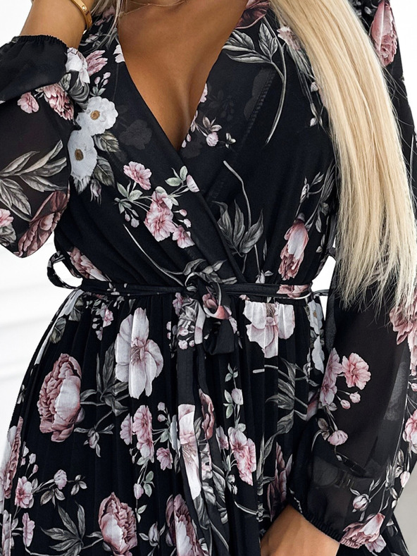 numoco Плисирана миди рокля с деколте, дълги ръкави и връзка на талията - черна с розови цветя Numoco