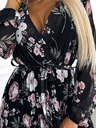 numoco Плисирана миди рокля с деколте, дълги ръкави и връзка на талията - черна с розови цветя Numoco