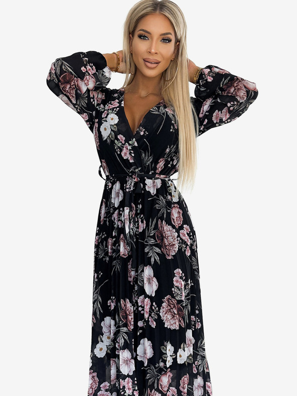 numoco Плисирана миди рокля с деколте, дълги ръкави и връзка на талията - черна с розови цветя Numoco