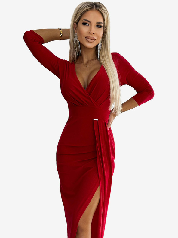 numoco Рокля с брокат, деколте и разкрояване на крачолите - червена Numoco