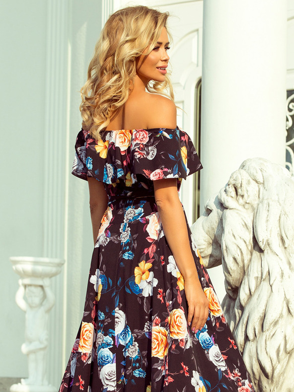 numoco Дълга рокля с волани - черна + разноцветни цветя Numoco