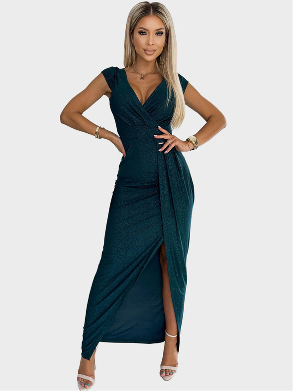 numoco Лъскава рокля с къс ръкав, изрязано деколте и разкрояване на крачолите - зелена Numoco