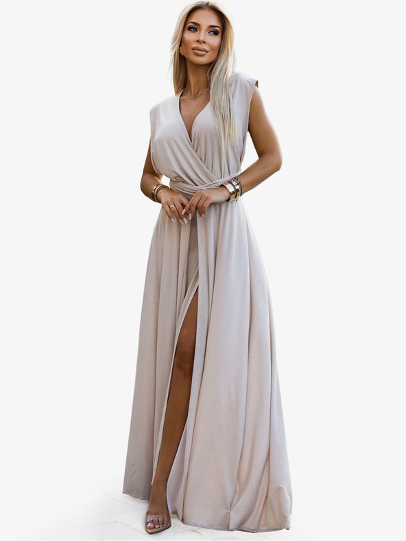 numoco Елегантна дълга рокля с връзки по много начини - бежова с блясък Numoco