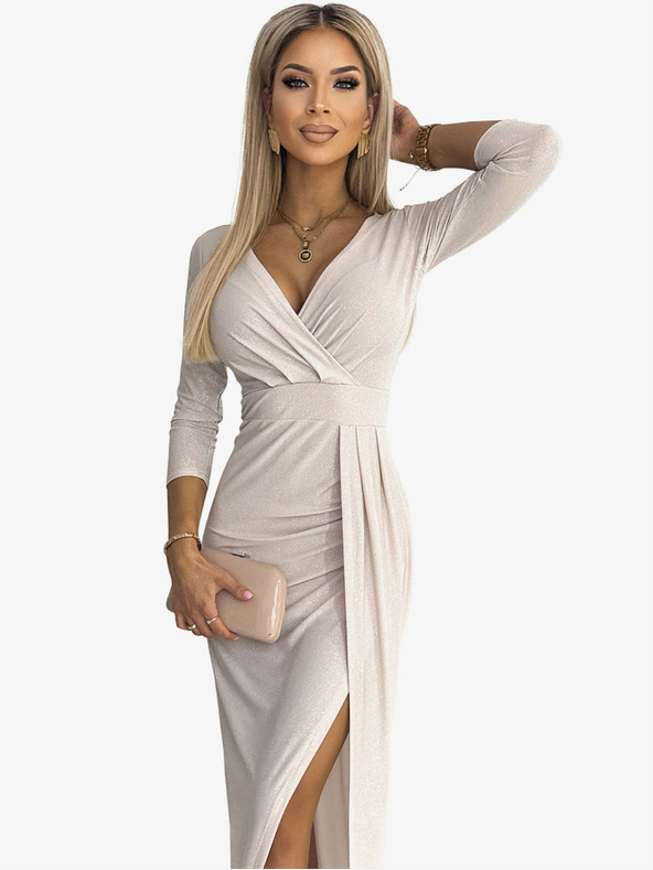 numoco Блестяща рокля с деколте и разрез на крачола - бежова Numoco