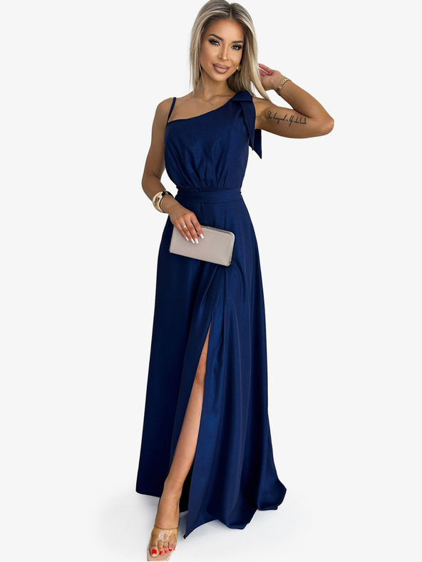 numoco Дълга лъскава рокля с едно рамо и панделка - тъмно синьо Numoco