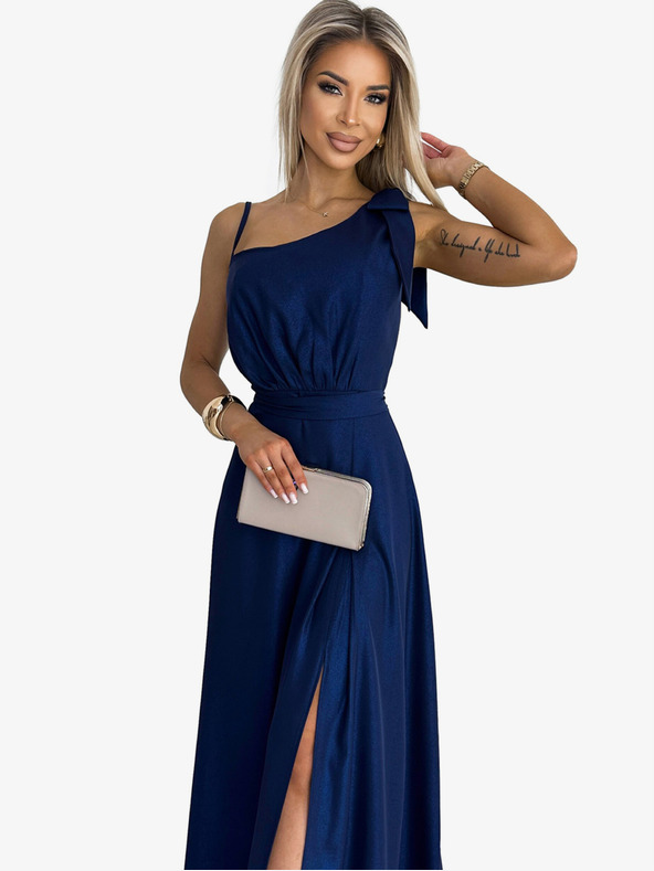 numoco Дълга лъскава рокля с едно рамо и панделка - тъмно синьо Numoco