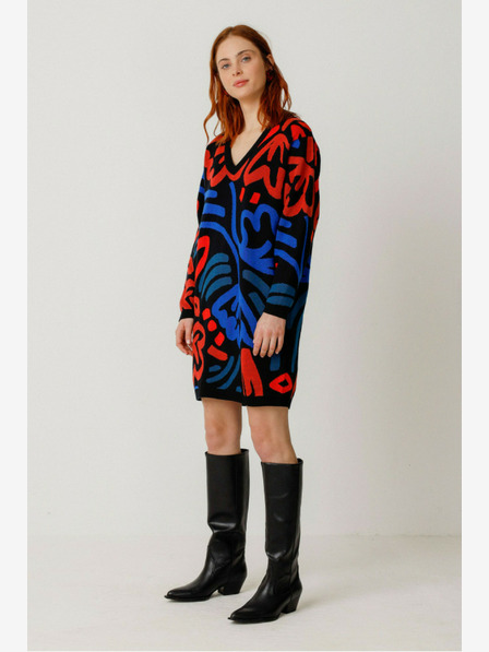 SKFK Синьо-оранжева дамска шарена рокля с пуловер SKFK