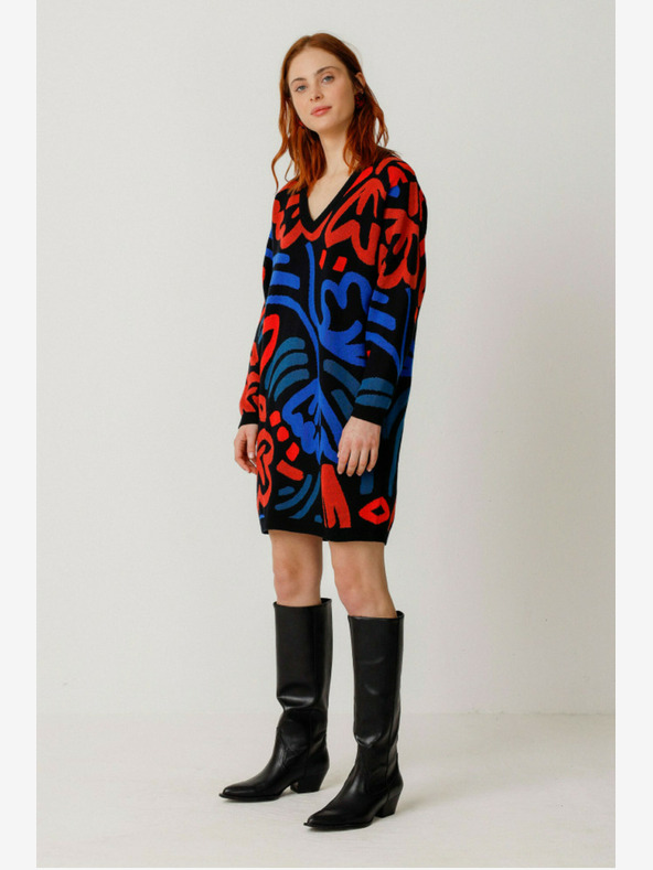 SKFK Синьо-оранжева дамска шарена рокля с пуловер SKFK