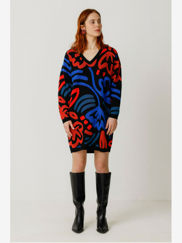 SKFK Синьо-оранжева дамска шарена рокля с пуловер SKFK