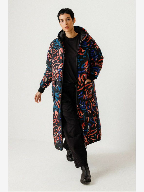 SKFK Синьо и оранжево дамско зимно палто с шарка SKFK