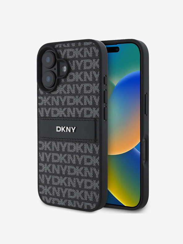 DKNY DKNY PU кожа с повтарящ се модел с тонални лентички заден капак за iPhone 16 черен