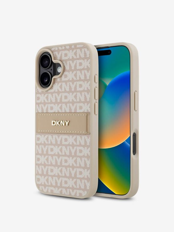 DKNY DKNY PU кожа с повтарящ се десен с тонални ивици заден капак за iPhone 16 Pink