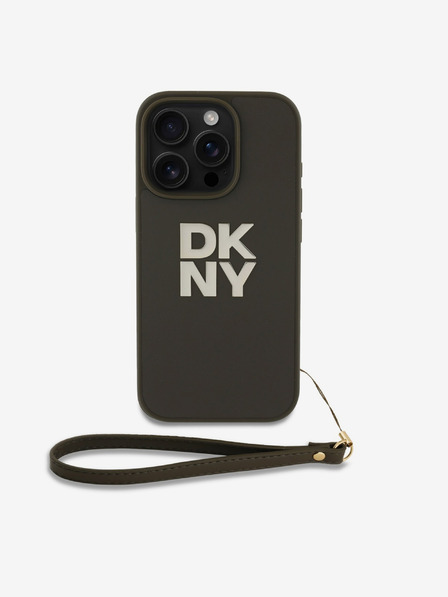 DKNY PU Leather Stack Logo Wrist Strap Zadní Kryt pro iPhone 16 Pro Max Green Калъф за телефон