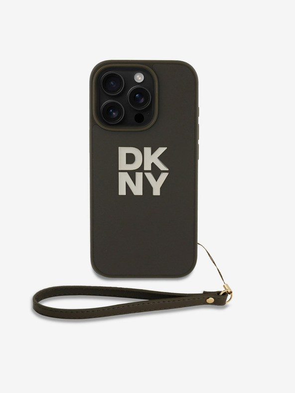 DKNY PU Leather Stack Logo Wrist Strap Zadní Kryt pro iPhone 16 Pro Max Green Калъф за телефон