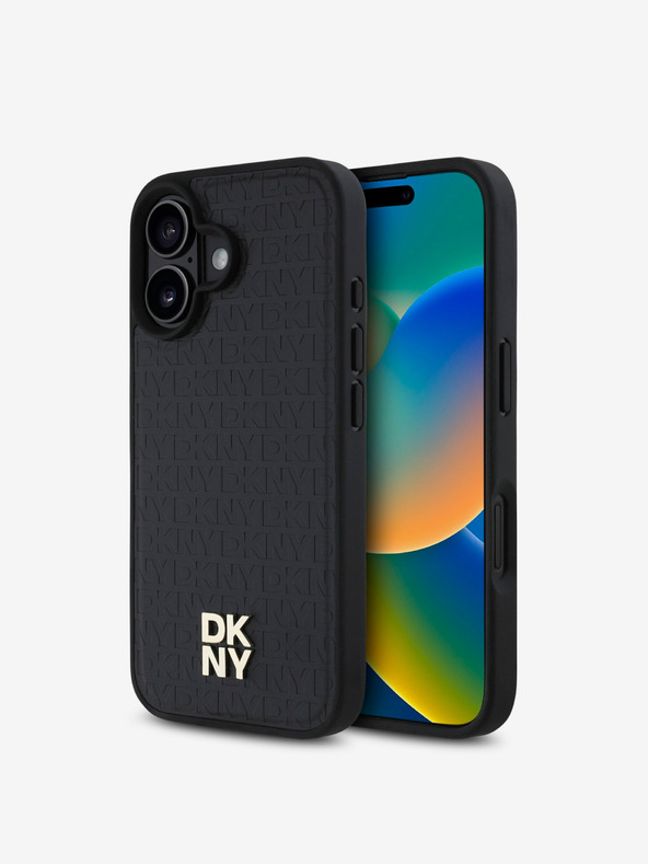 DKNY DKNY PU кожа с повтарящ се модел Stack Logo MagSafe заден капак за iPhone 16 Plus Black