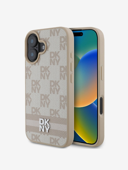 DKNY DKNY PU кожа Кариран модел и райета заден капак за iPhone 16 Pink
