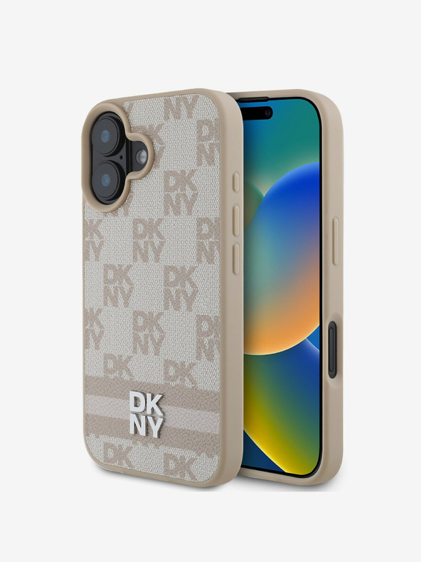 DKNY DKNY PU кожа Кариран модел и райета заден капак за iPhone 16 Pink