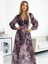numoco Плисирана дълга рокля от шифон с деколте, дълги ръкави и широк колан - лилави големи цветя Numoco
