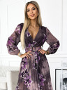 numoco Плисирана дълга рокля от шифон с деколте, дълги ръкави и широк колан - лилави големи цветя Numoco