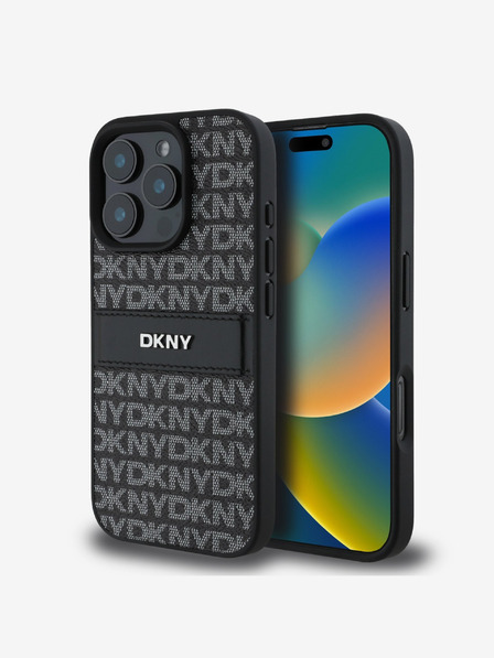 DKNY DKNY Заден капак от полиуретанова кожа с повтарящ се десен ивици за iPhone 16 Pro Max Black