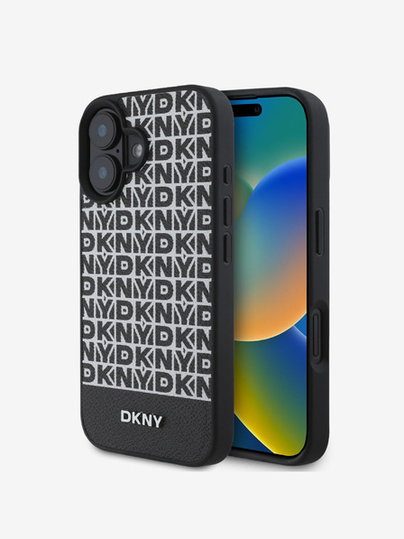 DKNY DKNY PU кожа с повтарящ се модел с долна ивица MagSafe заден капак за iPhone 16 Plus черен