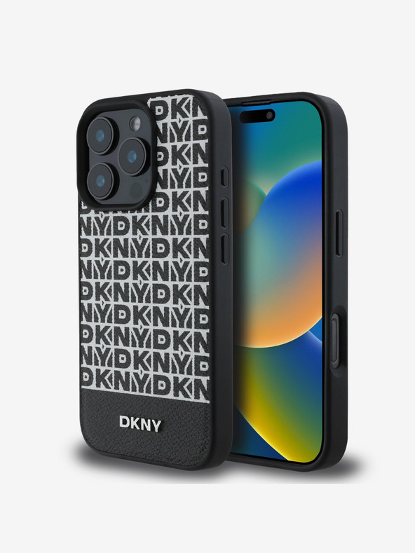 DKNY DKNY PU кожа с повтарящ се десен на долни ивици MagSafe заден капак за iPhone 16 Pro Max Black