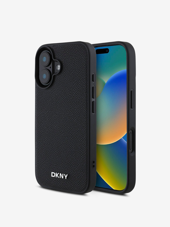 DKNY DKNY PU кожа сребристо метално лого Magsafe заден капак за iPhone 16 черен
