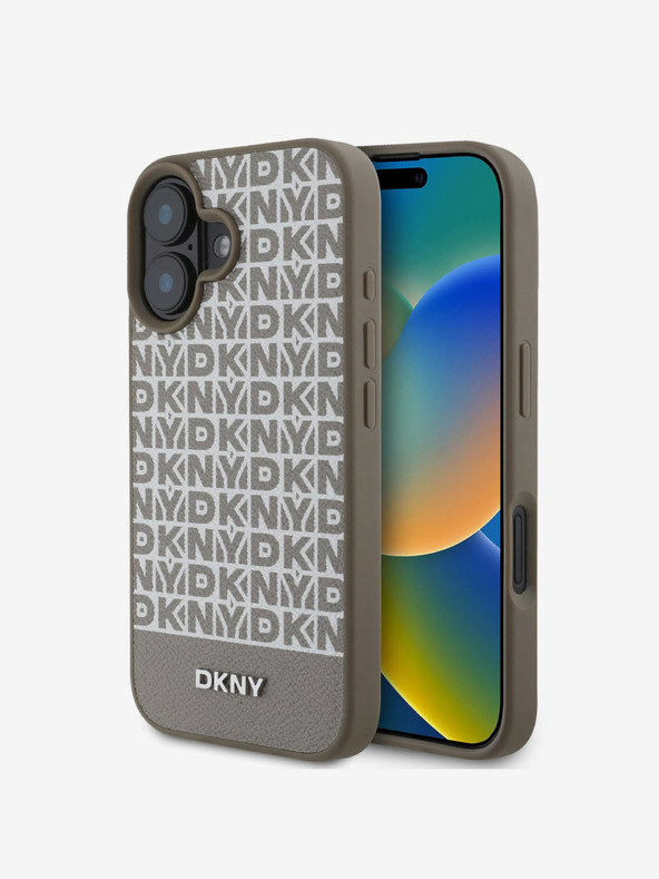 DKNY DKNY PU кожа Повтарящ се модел с долна ивица MagSafe заден капак за iPhone 16 кафяв