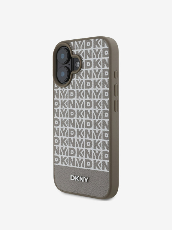 DKNY DKNY PU кожа Повтарящ се модел с долна ивица MagSafe заден капак за iPhone 16 кафяв