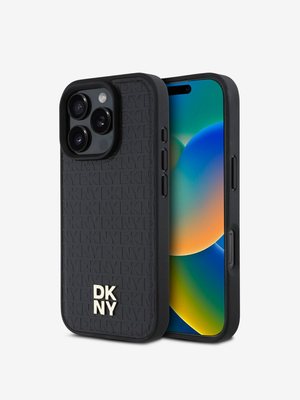 DKNY DKNY PU кожа с повтарящ се десен и лого MagSafe заден капак за iPhone 16 Pro Max Black