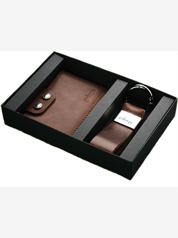 Pularys Pularys Мъжки кожен портфейл "Хоби" и ключодържател Подаръчен комплект кафяв 189414102