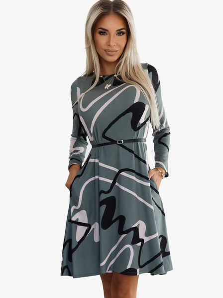 numoco Пуловерна рокля с колан - маслина с черна и бежова шарка Numoco