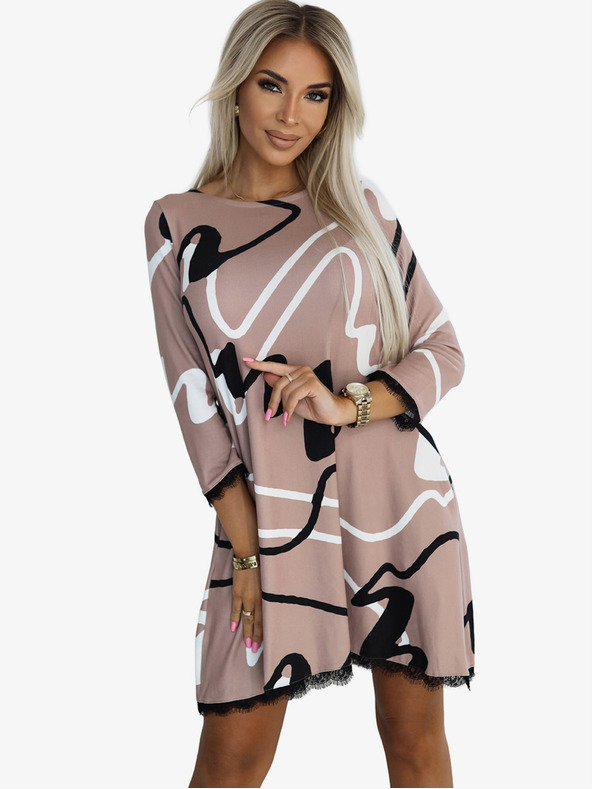 numoco Дантелена рокля с пуловер - бежова с черно-бял десен Numoco