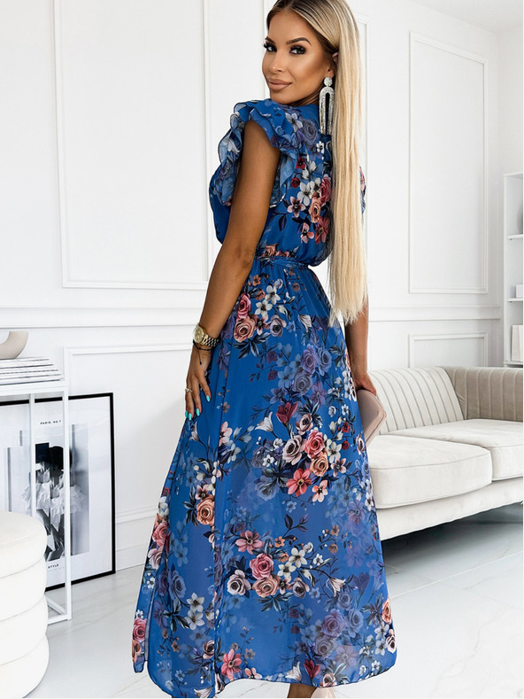 numoco Дълга рокля с деколте и къси ръкави - синя с цветя Numoco ARIA