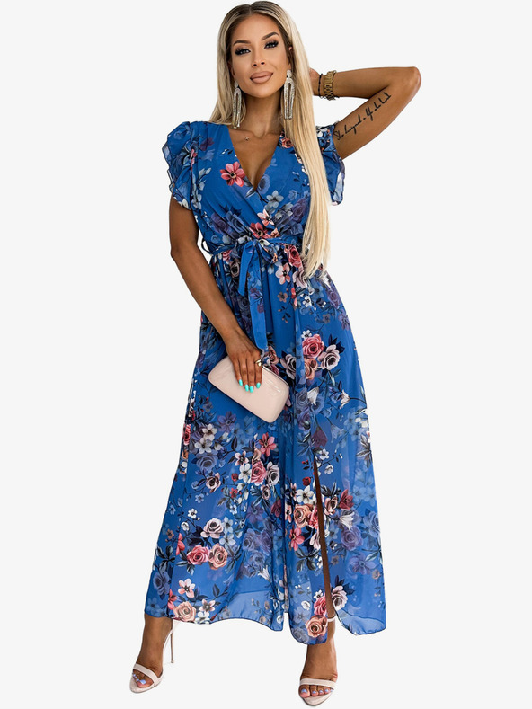 numoco Дълга рокля с деколте и къси ръкави - синя с цветя Numoco ARIA