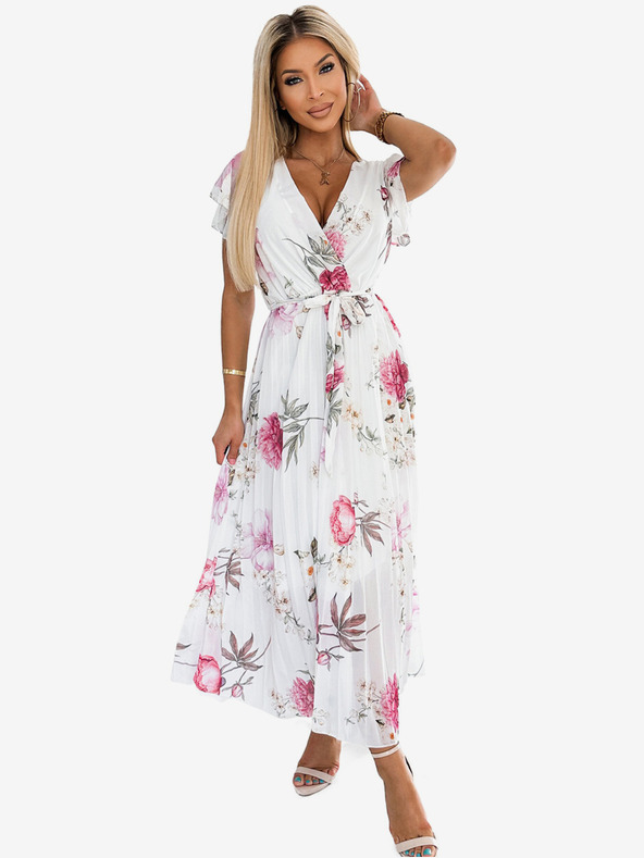 numoco Плисирана миди рокля с деколте и волани - пролетни цветя на бял фон Numoco LISA