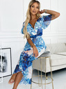 numoco Рокля с деколте, дълга връзка на талията и къси ръкави - синя Големи цветя - мрежа Numoco CINZIA