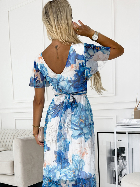 numoco Рокля с деколте, дълга връзка на талията и къси ръкави - синя Големи цветя - мрежа Numoco CINZIA