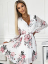 numoco Плисирана рокля с деколте, дълги ръкави и колан - бяла с рози Numoco YSABELv