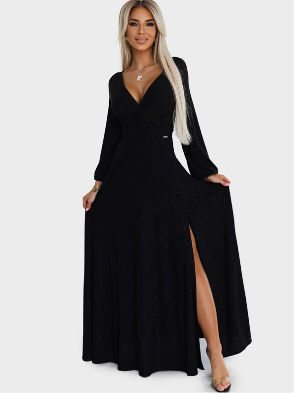 numoco Гланцова рокля с дълъг ръкав и деколте - черна Numoco NELA