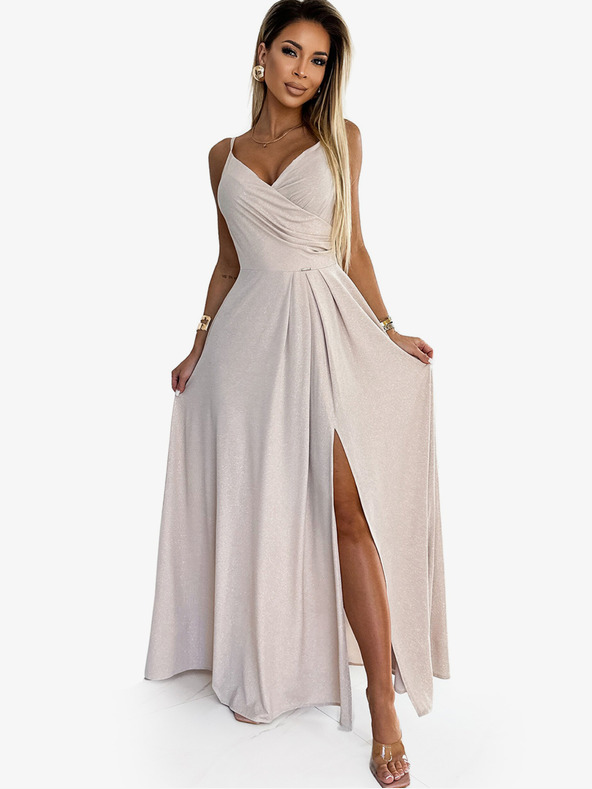 numoco Елегантна макси рокля без презрамки - бежова с блясък Numoco CHIARA