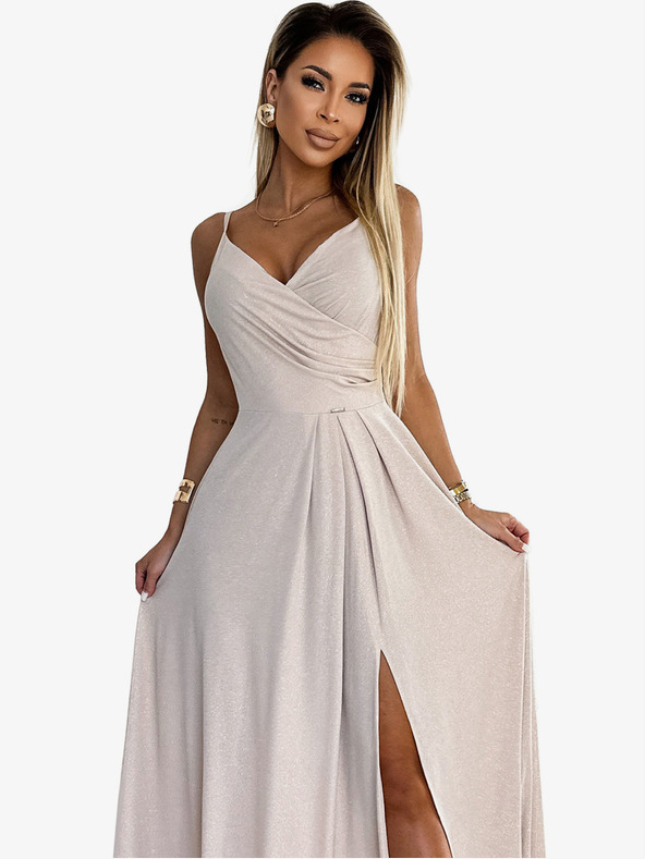 numoco Елегантна макси рокля без презрамки - бежова с блясък Numoco CHIARA