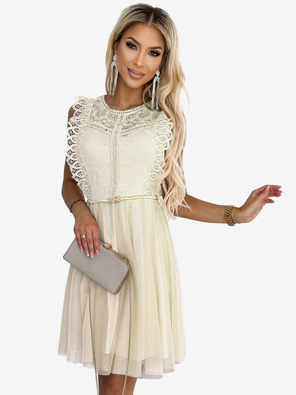 numoco Рокля с дантела и златен колан - бежова Numoco GRETA