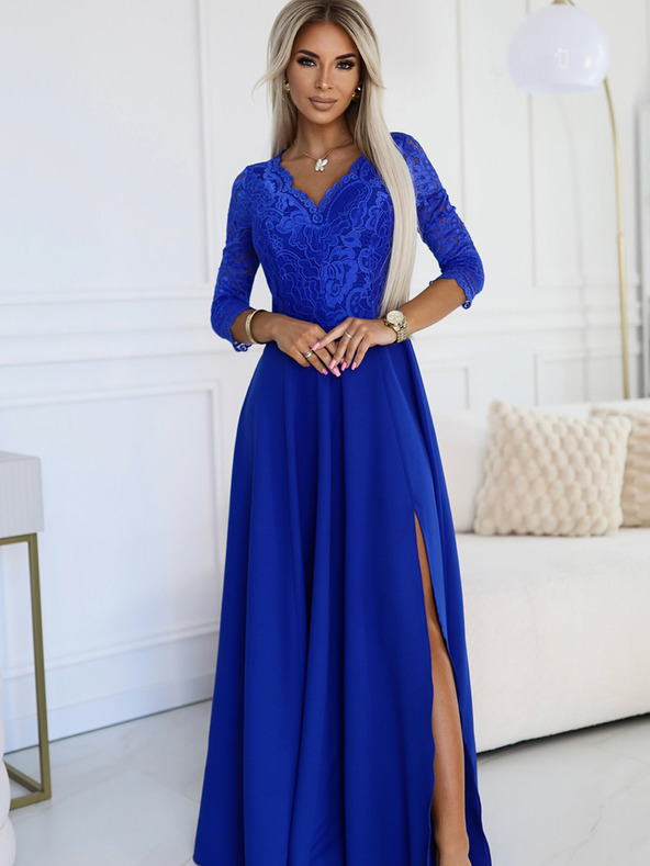 numoco Елегантна дантелена дълга рокля с деколте - синя Numoco AMBER