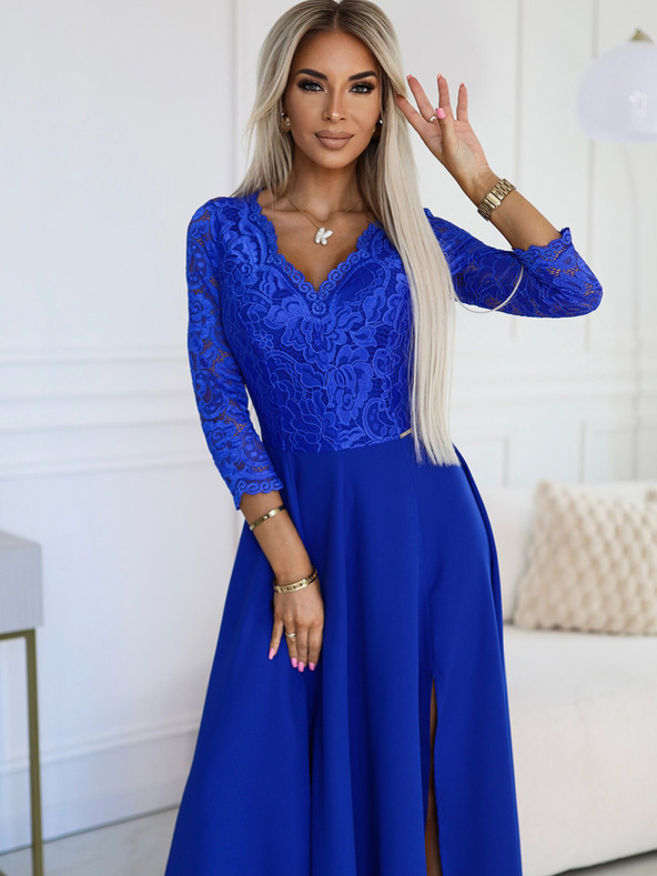 numoco Елегантна дантелена дълга рокля с деколте - синя Numoco AMBER