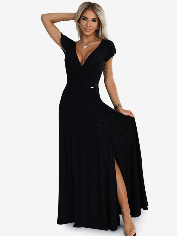 numoco Блестяща дълга рокля с деколте - черна Numoco CRYSTAL