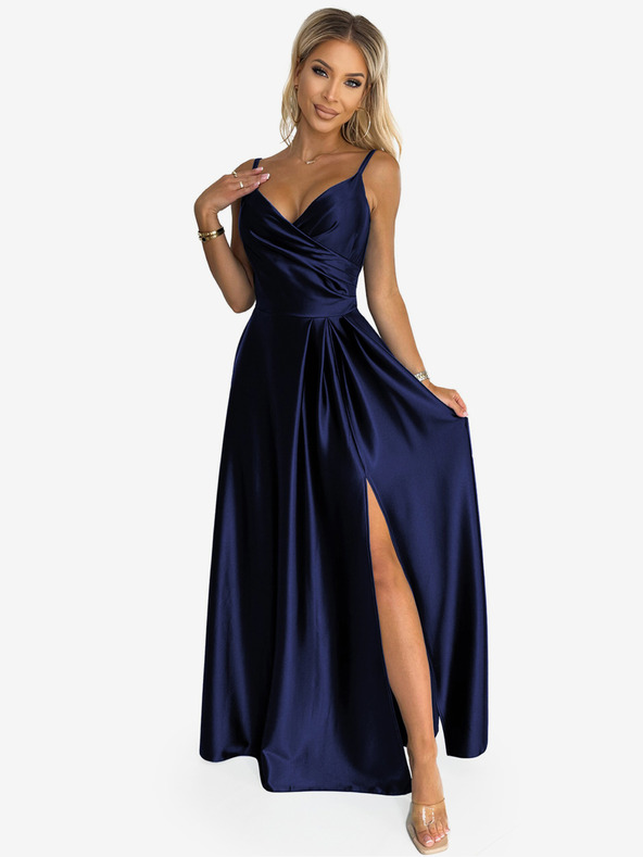 numoco Елегантна макси рокля без презрамки от сатен - тъмно синя Numoco CHIARA